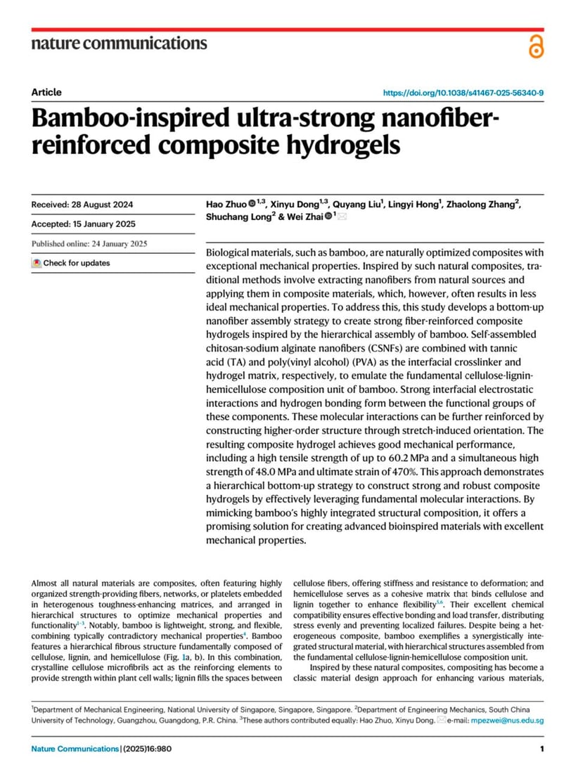Bamboo-inspired ultra-strong nanofiber reinforced composite hydrogels