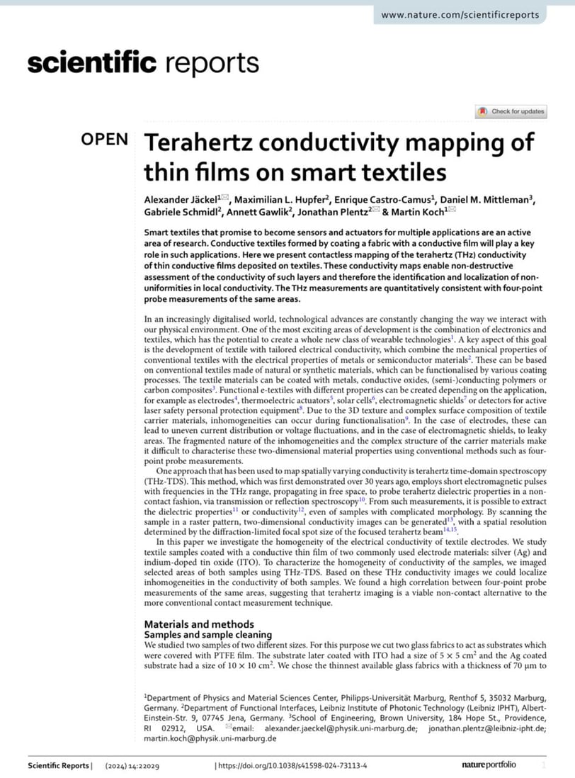 Terahertz conductivity mapping of  thin films on smart textiles