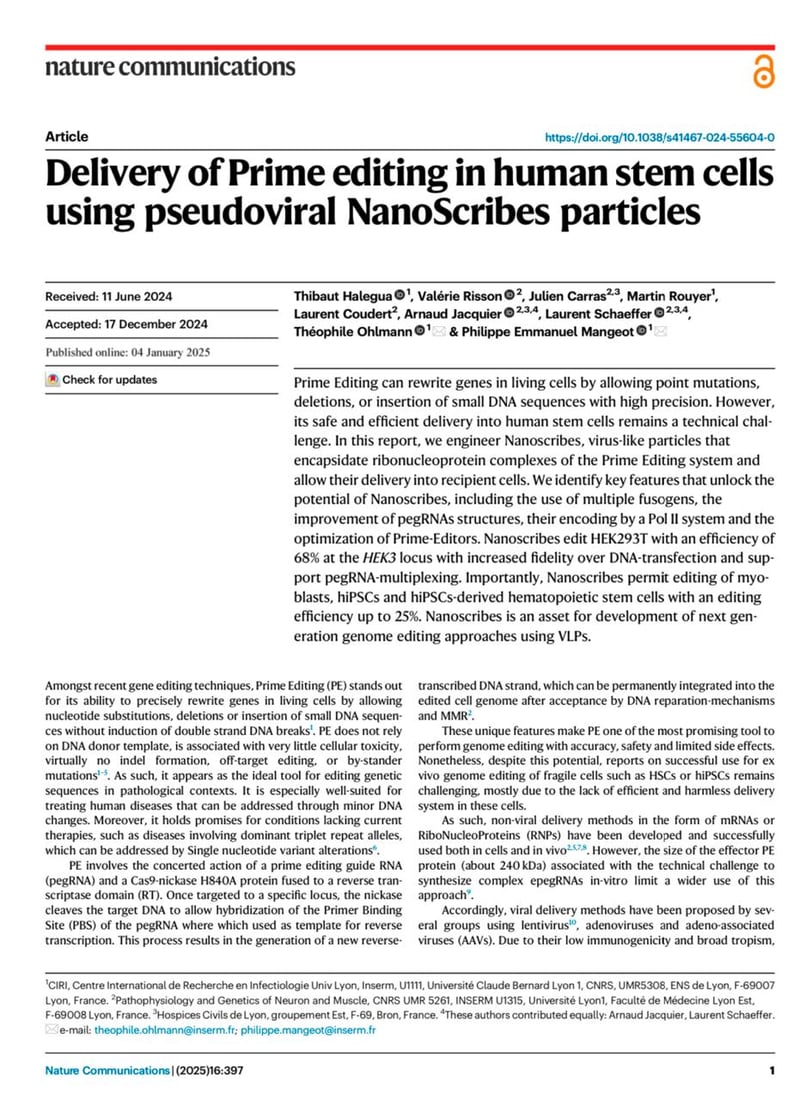 Delivery of Prime editing in human stem cells using pseudoviral NanoScribes particles