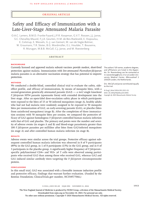 Safety and Efficacy of Immunization with a Late-Liver-Stage Attenuated Malaria Parasite