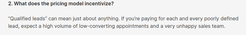 Screenshot of a passage in the article, B2B Appointment Setting Costs & Pricing Models Explained