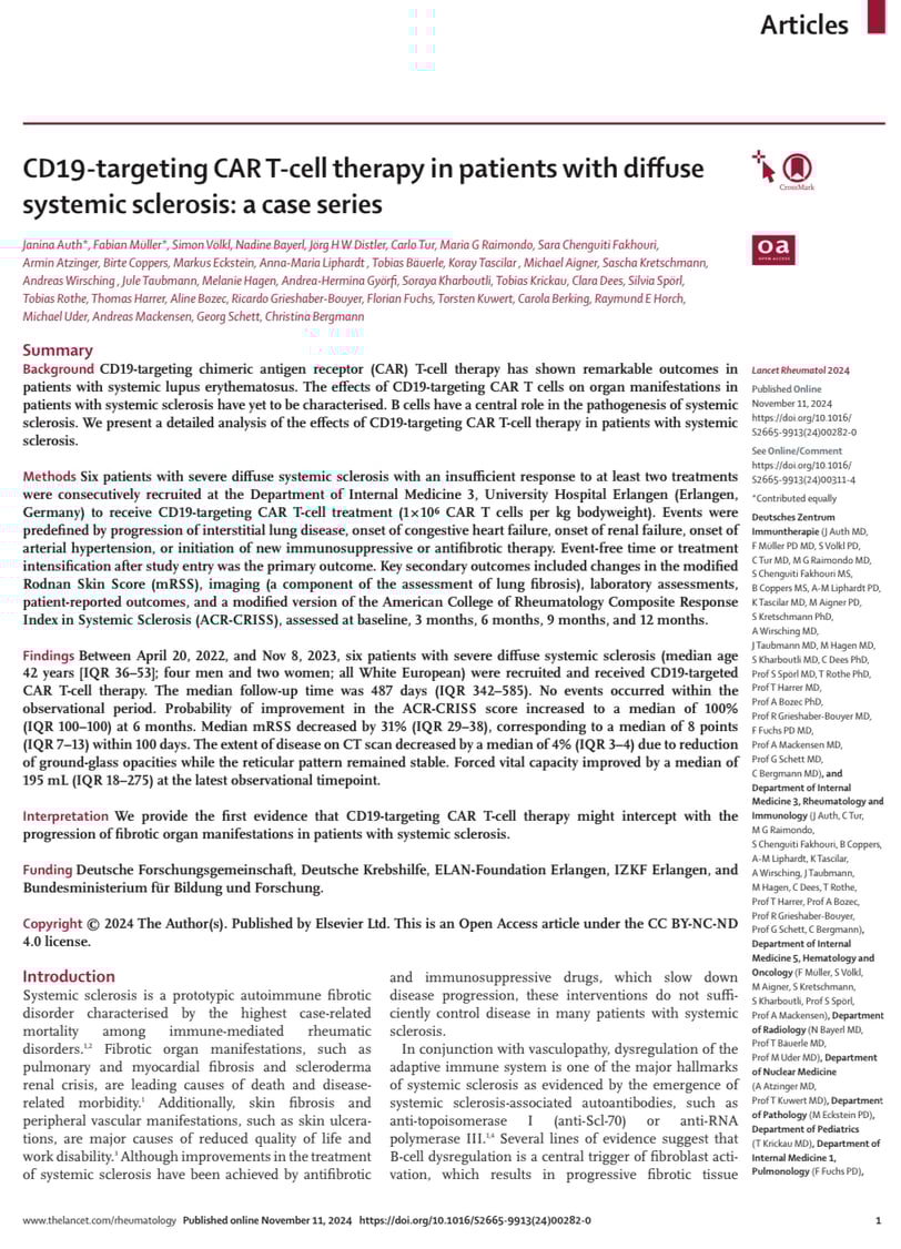 CD19-Targeting CAR T-Cell Therapy Shows Promise in Treating Systemic Sclerosis