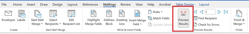 screenshot of Mailings ribbon with the Preview Results button selected
