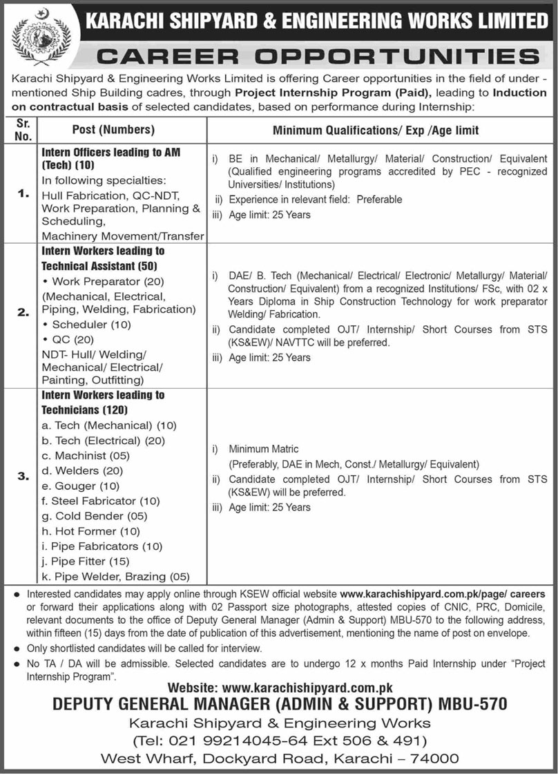Official advertisement for Karachi Shipyard & Engineering Works Paid Internship Program 2025 May-Jun
