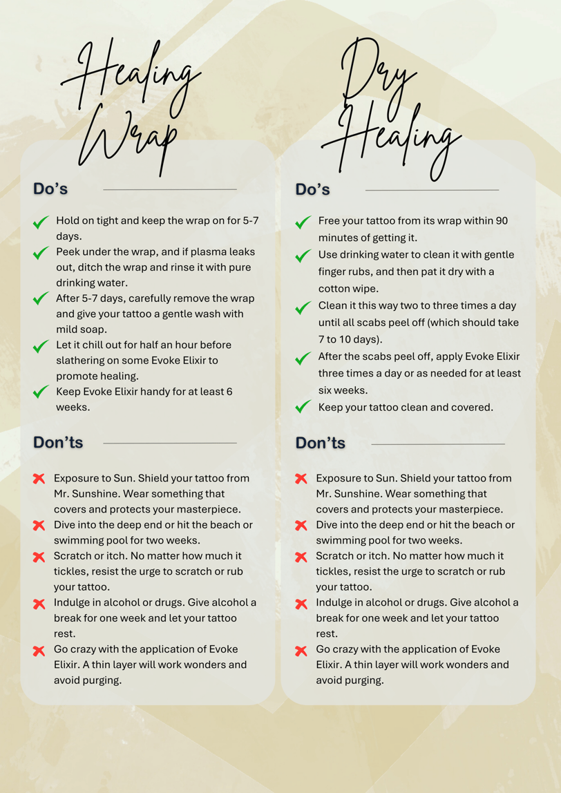 A page with instructions on how to take care of your fresh tattoo