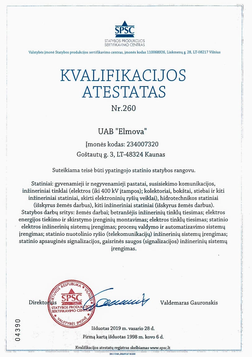 SPSC ypatingojo statinio statybos rangovo kvalifikacijos atestatas Nr. 260