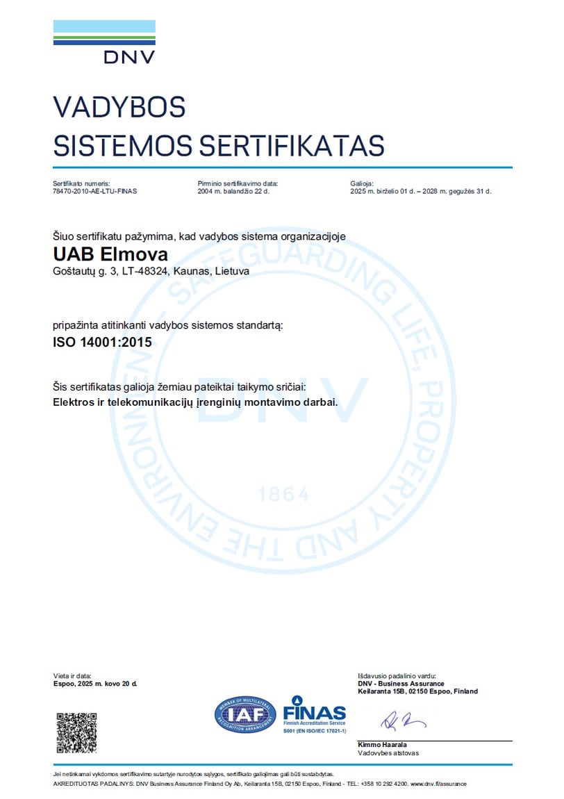 ISO 14001:2015 vadybos sistemos sertifikatas