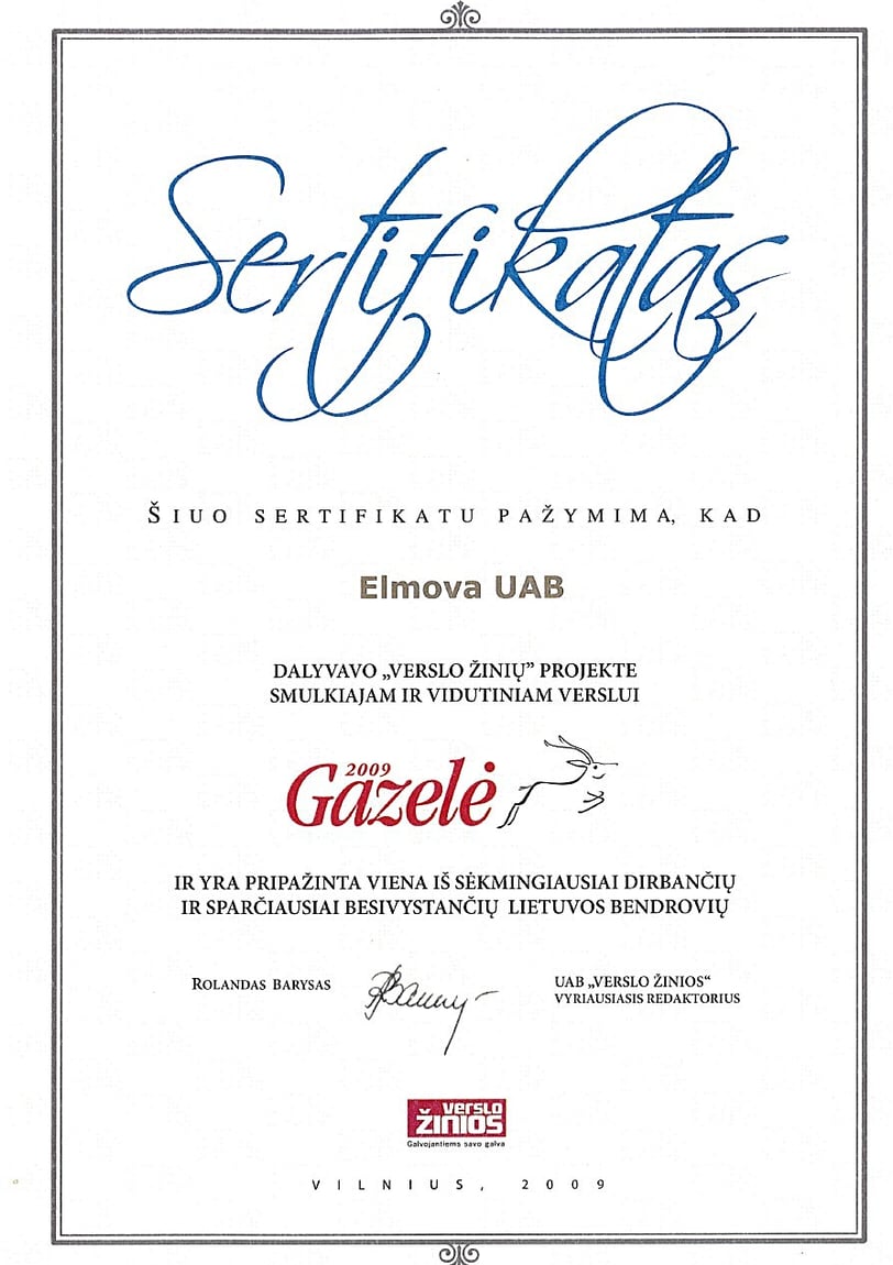 „Verslo žinių“ projekto smulkiajam ir vidutiniam verslui „Gazelė“ sertifikatas