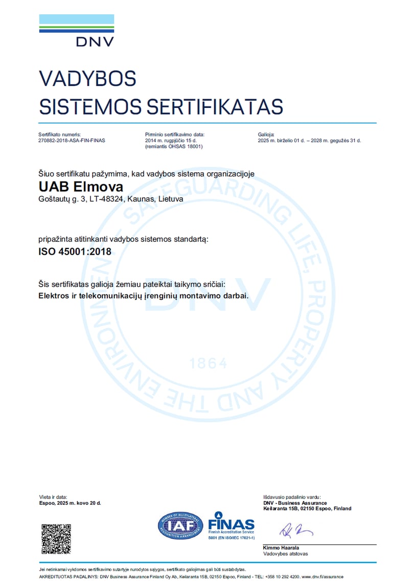 ISO 45001:2018 vadybos sistemos sertifikatas
