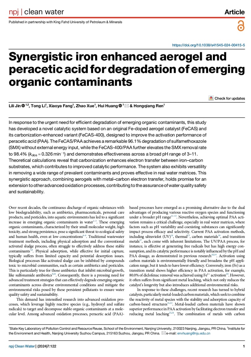 Synergistic iron enhanced aerogel and peracetic acid for degradation of emerging organic contaminant