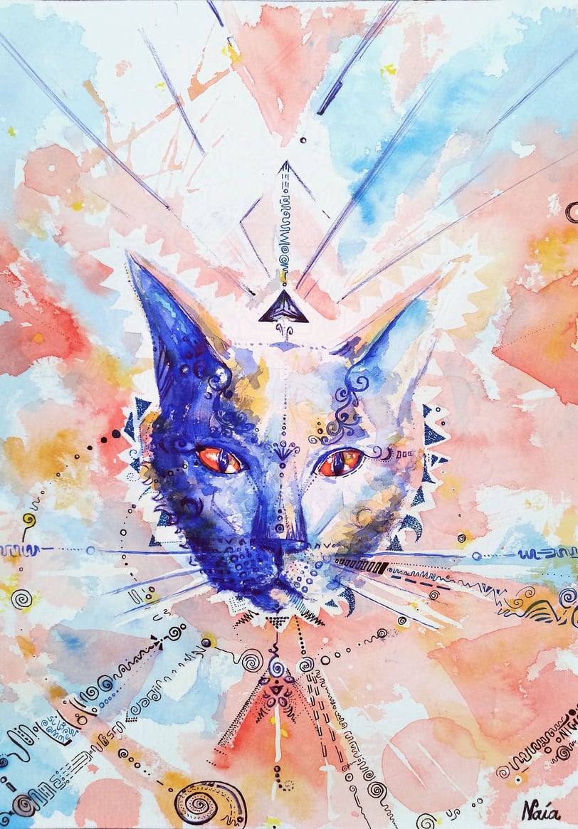 Portrait d'un chat aquarelle aux tons bleus et orangés, avec des motifs psychédéliques au feutre fin et bic.