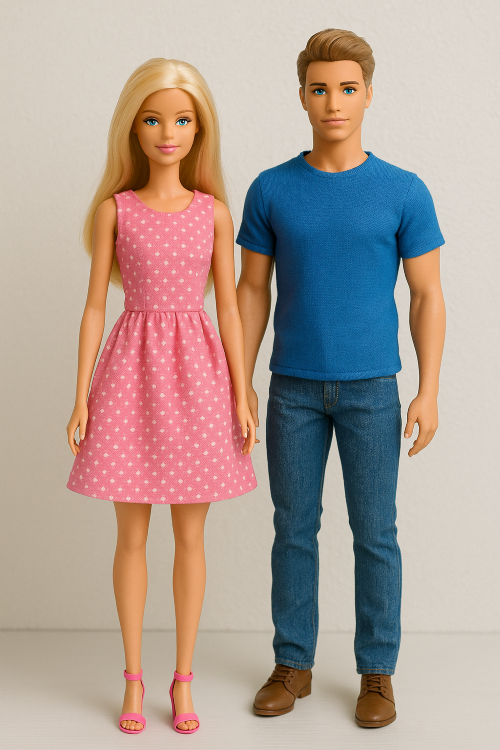 Barbie and Ken dolls pose side by side in handmade outfits—Barbie wears a pink polka dot dress and p