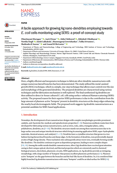 A Facile approach for growing Ag nano-dendrites employing towards E.coli cells monitoring using SERS