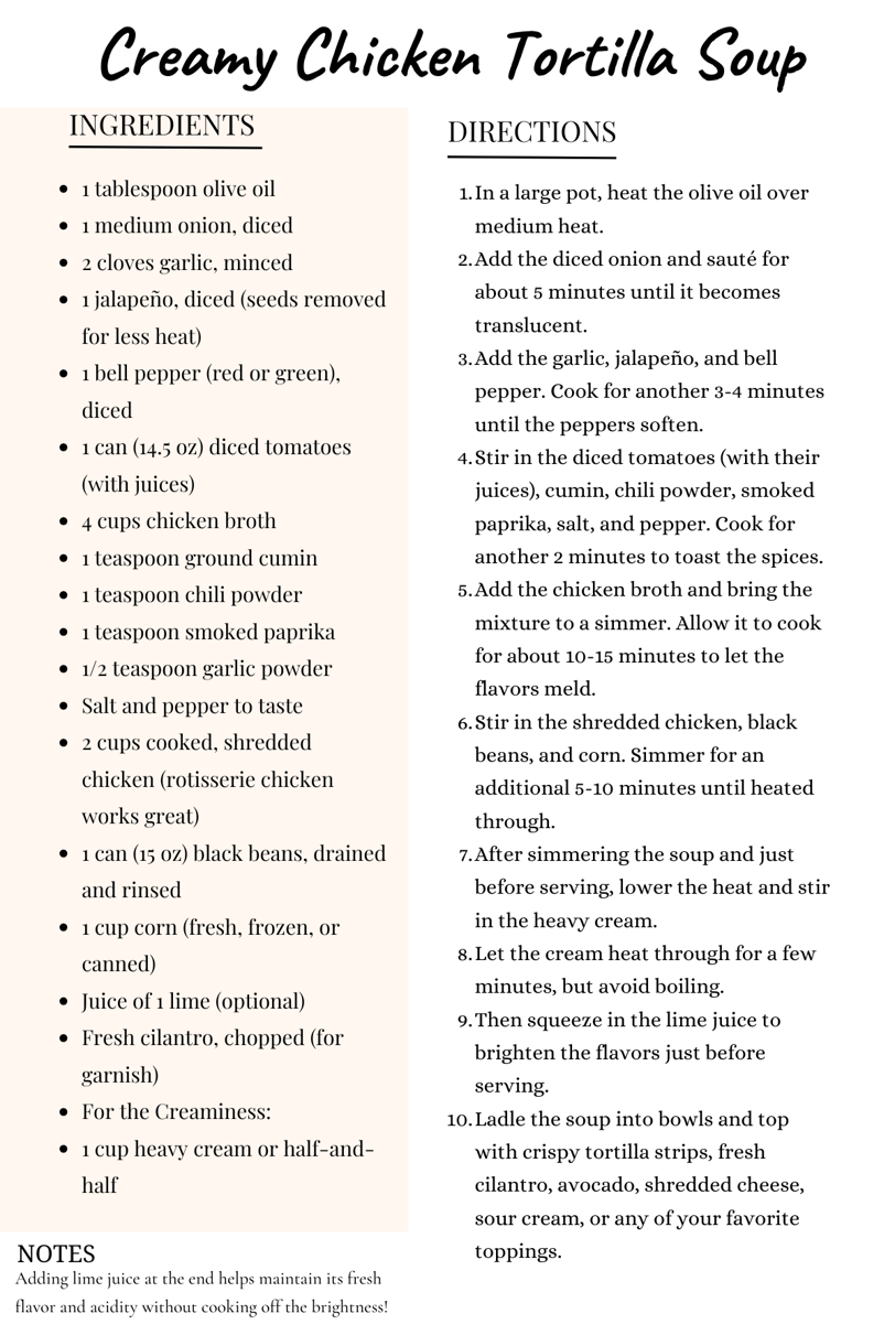 creamy tortilla soup recipe card