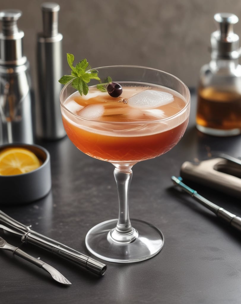 A cocktail glass filled with a golden-brown beverage sits on a polished wooden surface. The drink is adorned with a clear ice cube, a twist of orange peel, and a dark cherry skewer. The background is a bokeh effect with warm, blurry lights, adding to an elegant and cozy atmosphere.