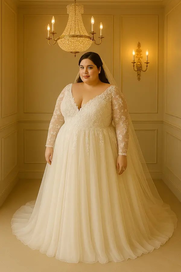 femme de grande taille portant une robe de mariée Anaïs Designs Paris