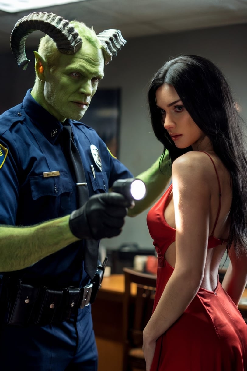 a woman in a red dress and a man in a costume