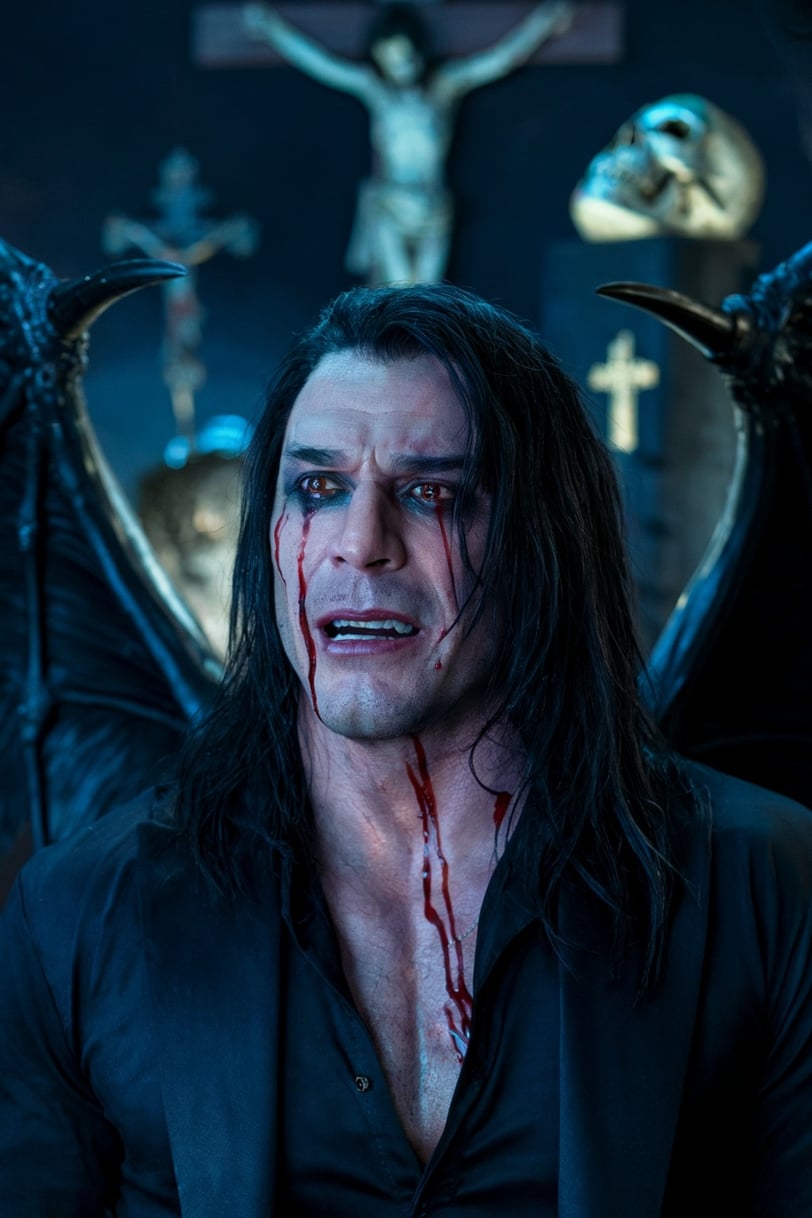 a man with a bloody face and a devilish face