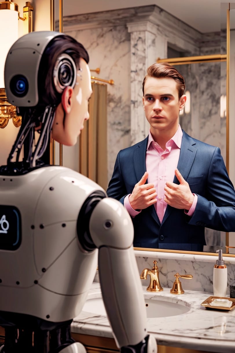 a man in a suit jacket is looking at a robot