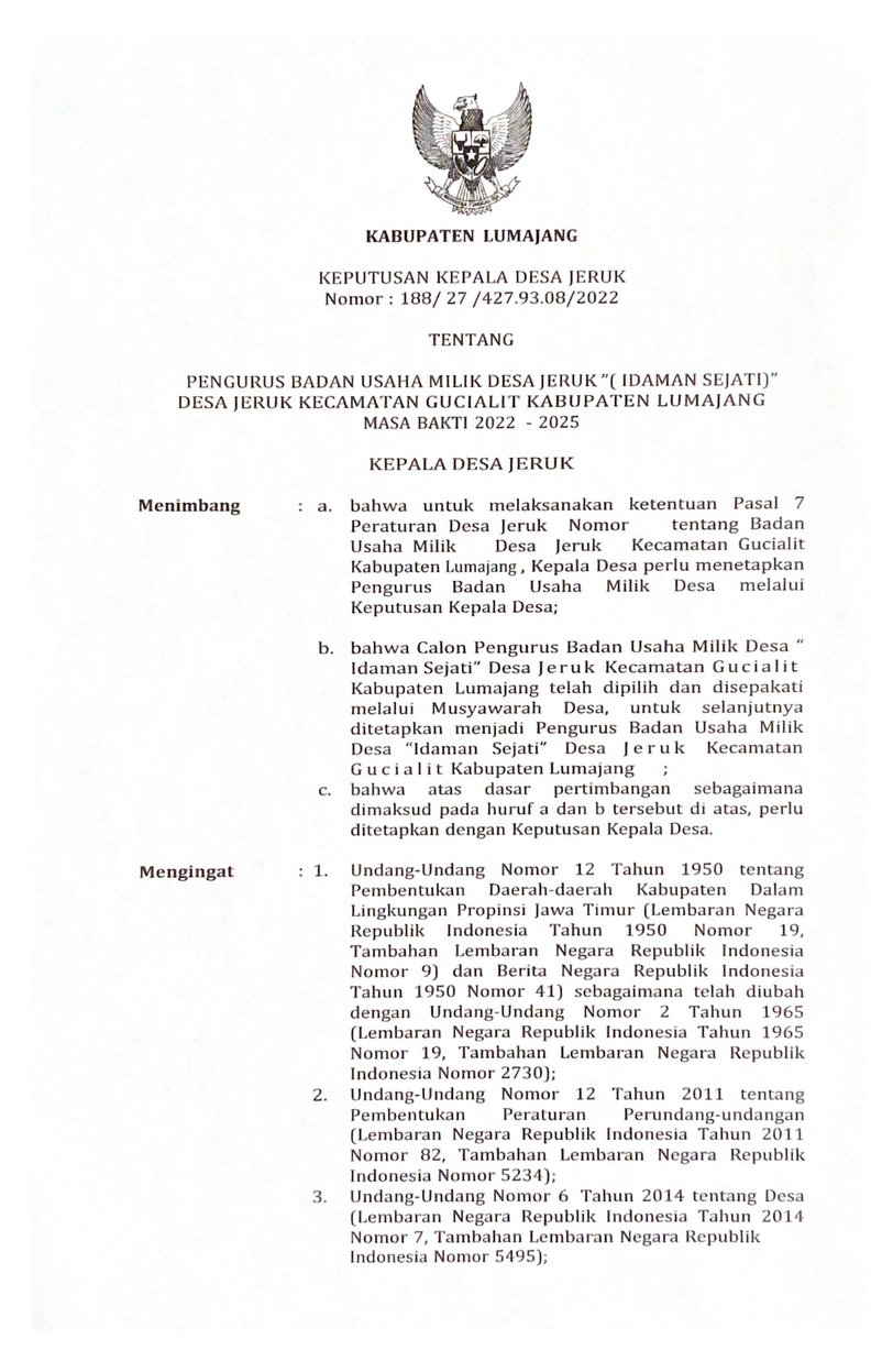 Halaman 1 - Surat Keputusan Pengurus BUMDes Idaman Sejati