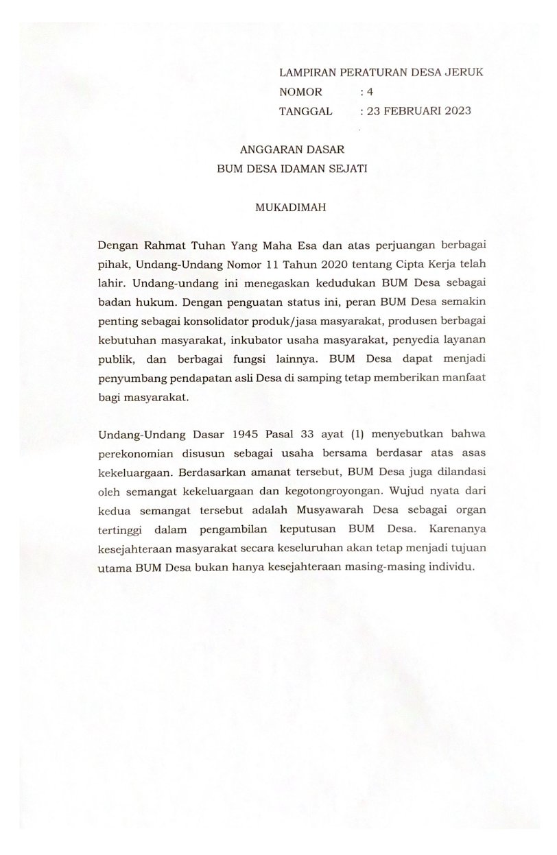 Halaman 1 - Anggaran Dasar BUMDes Idaman Sejati