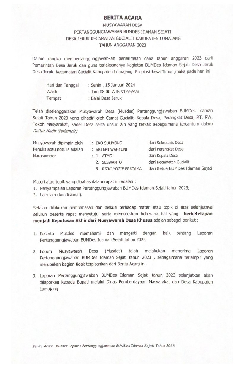 Berita Acara Halaman 1 - LPJ BUMDes T.A, 2023