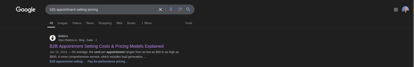 Screenshot of position 1 ranking for "b2b appointment setting pricing"