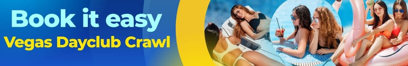 "Book it easy – Vegas Dayclub Crawl" featuring women enjoying drinks and poolside fun.