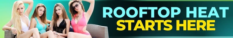 Drai’s Beachclub banner with bold text “Rooftop Heat Starts Here” and four women in swimwear