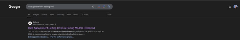 Screenshot of position 1 ranking for "b2b appointment setting cost"