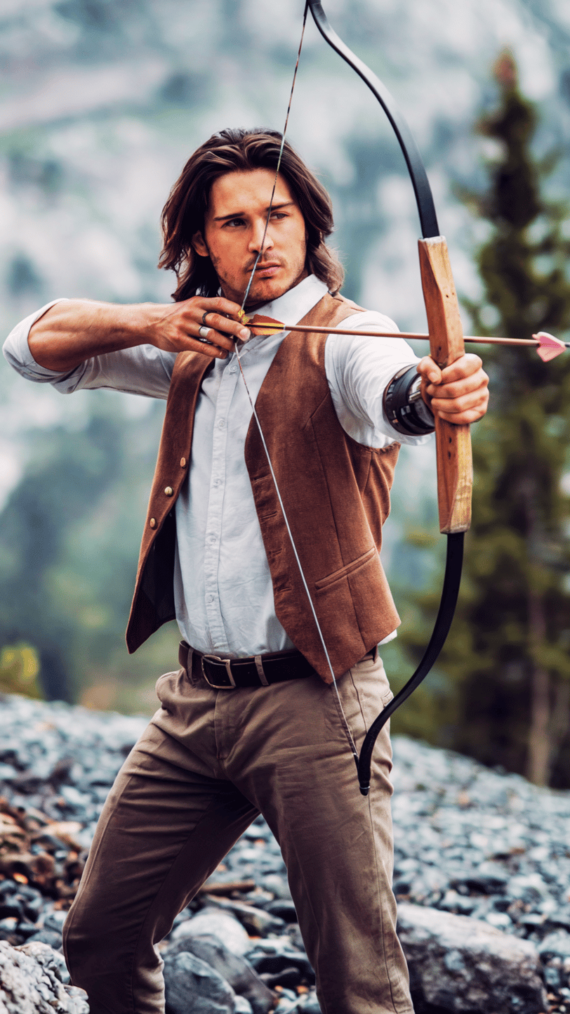 a man in a vest and vest holding a bow