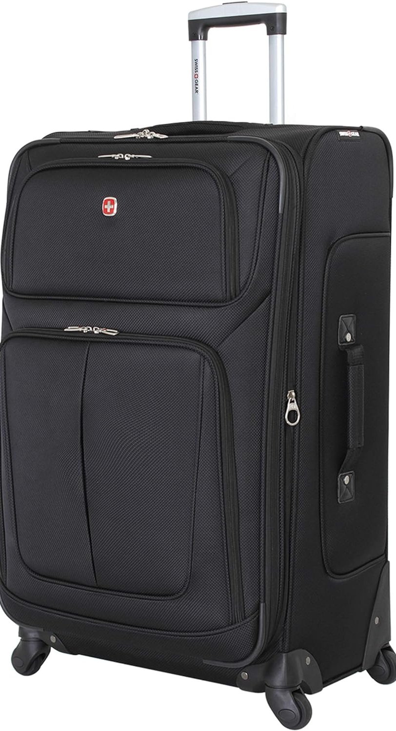 SwissGear Sion Softside Expandable Luggage with wheels and handles, displayed in a travel setting.