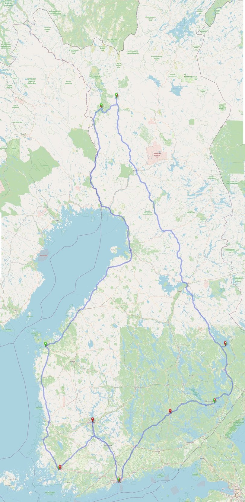 Geplante Route durch Finnland - Karte: Openstreetmap.org