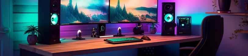 Setup gamer/trabalho com uma mesa com dois monitores, um pc, um teclado e duas caixas de som em um ambiente bem minimalista.