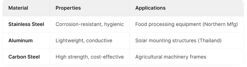 A table outlining critical materials for metal fabrication, list materials properties , application.
