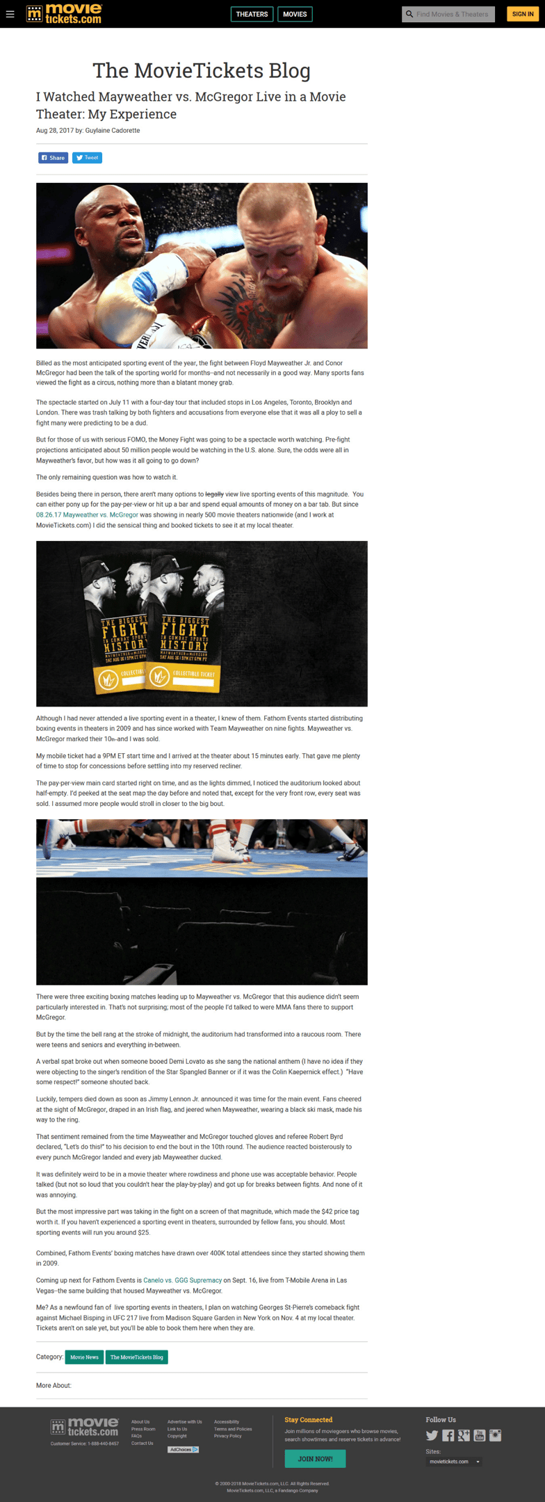 Blog writing sample titled "I Watched Mayweather vs McGregor Live in a Theater: My Experience."