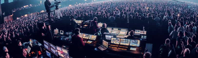 Une équipe de technicien et un grand groupe de personnes se tenant autour d'une grande salle