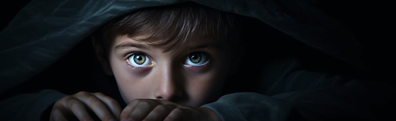 Criaça de olhos claros e capuz, com medo