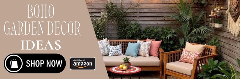 a patio boho garden with a couch and a table with a potted plant