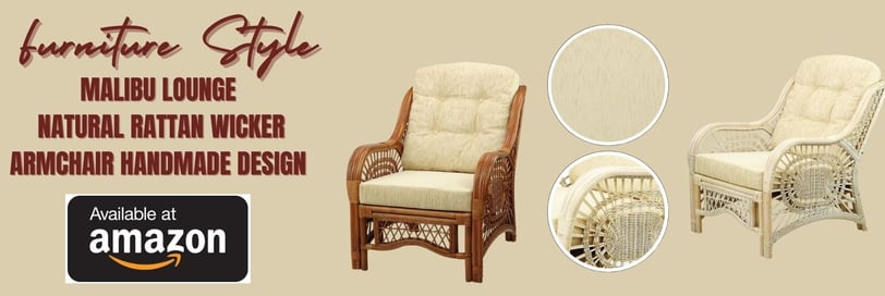 a ratten wicker chair with white cushions