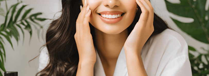 a woman with a white robe and a white robe is smiling and holding her hands