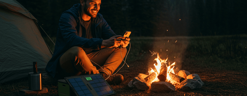 A serene lakeside campsite surrounded by tall pine trees, with a tent and a cozy campfire