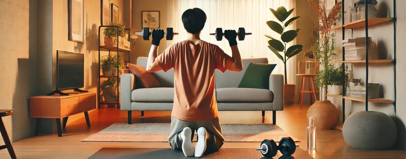 Person using dumbbells in a compact home gym with modern decor, showcasing the best Amazon fitness e