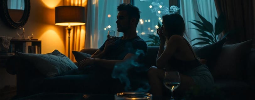 couples enjoy time drink smoke night love relax evening good moood warm home room