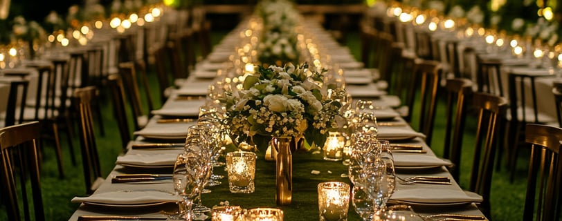 a long table with candles and candles on it