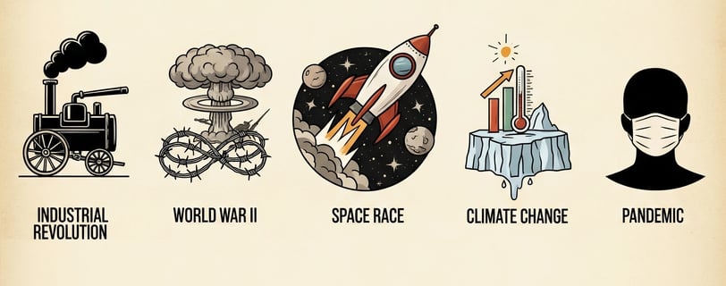 Visual timeline showing major human historical events depicted as stages of an alien civilization's controlled experiment