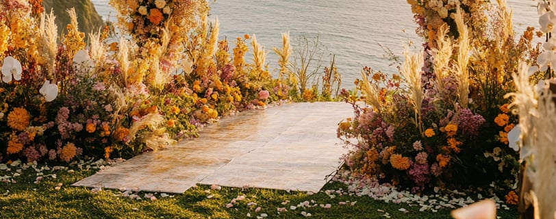 a wedding ceremony with a floral arch