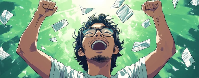 A man wearing glasses is celebrating his success in passing the CCNA exam