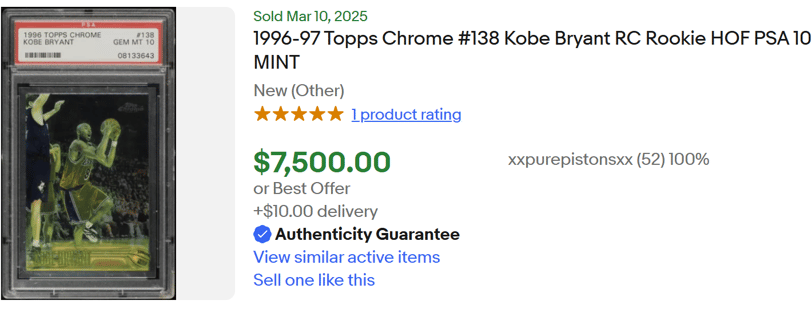 Kobe Bryant rookie card sold on ebay