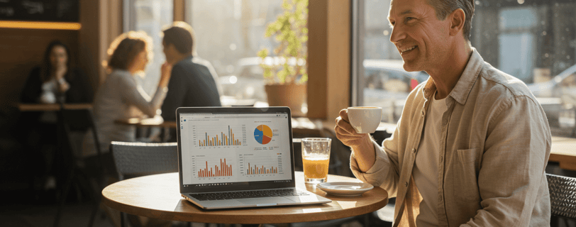 Relaxed business owner with a laptop showing growing business metrics